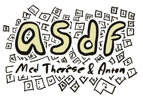 asdfs logga: En handritad bild föreställande texten asdf ovanpå ett virrvarr av tangentbordstangenter